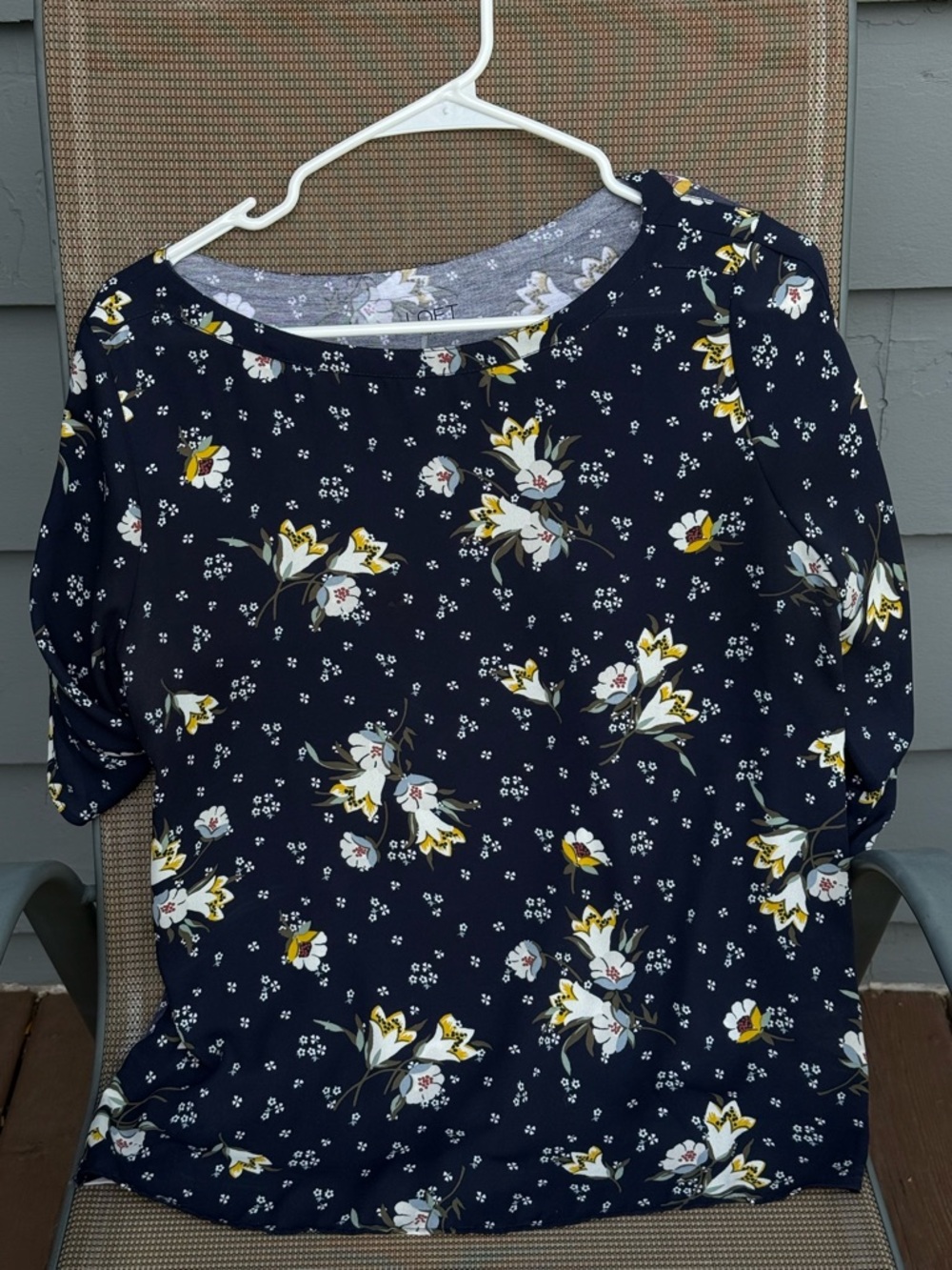 LOFT Navy Floral Short Sleeve Tee with White and Yellow Flowers